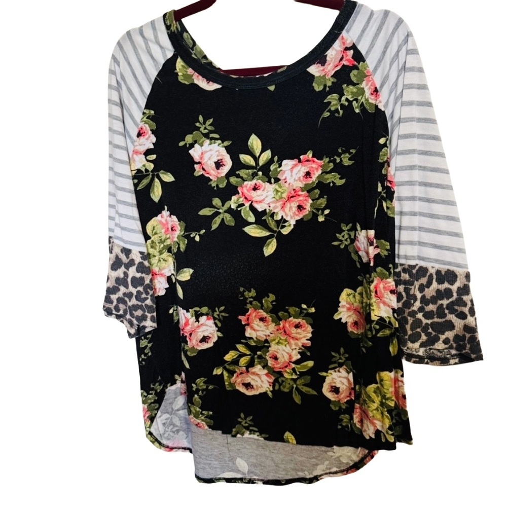 Lovely J Mixed Media Floral Striped Leopard Print Sleeve Top